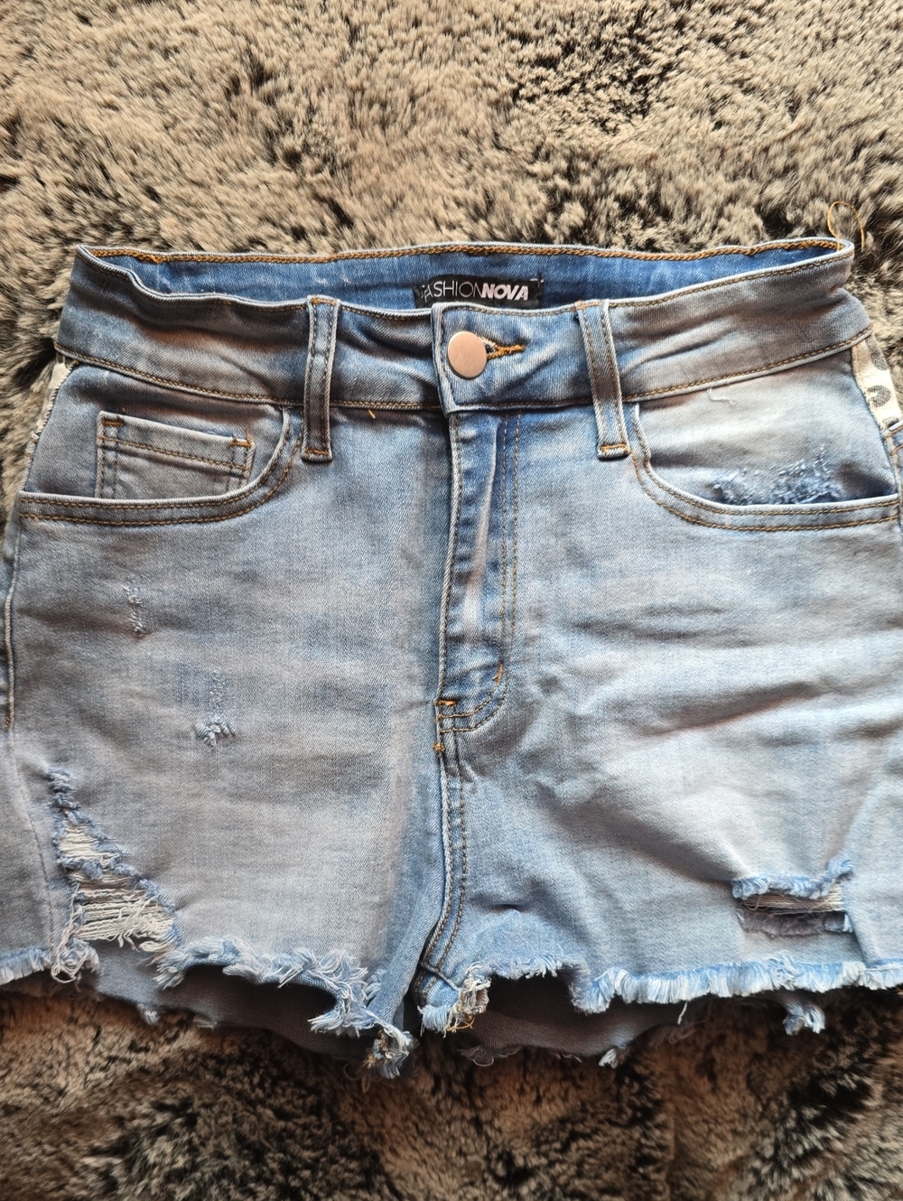 Distressed Denim Shorts With Leopard Print Back